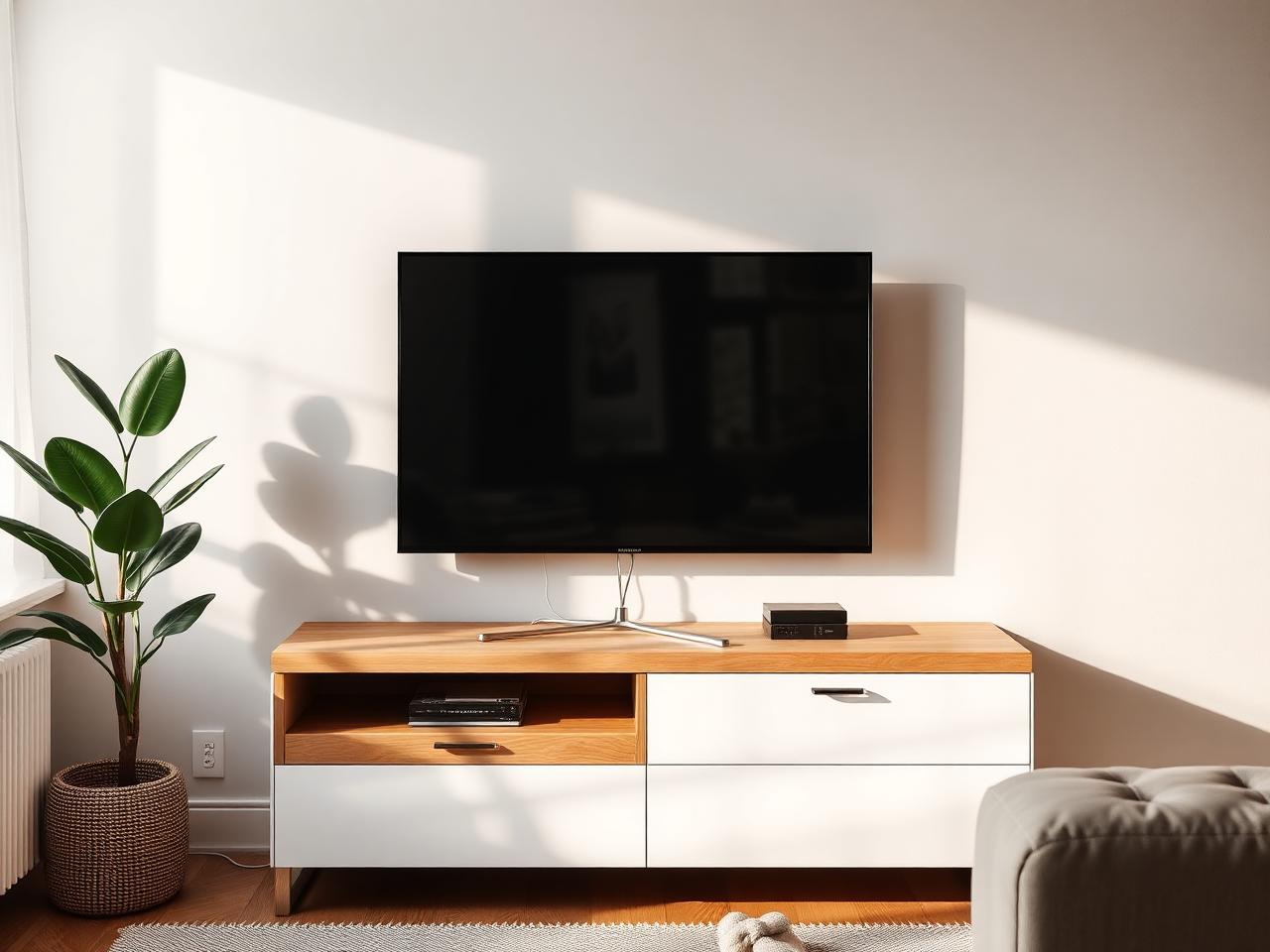 Skandinavisk stue med TV og skjulte kabler i aluminium kabelbakke
