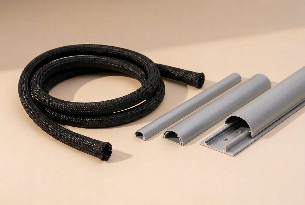 Kabelsokker i flettet sort materiale og aluminium kabelbakker fra Onest Nordic